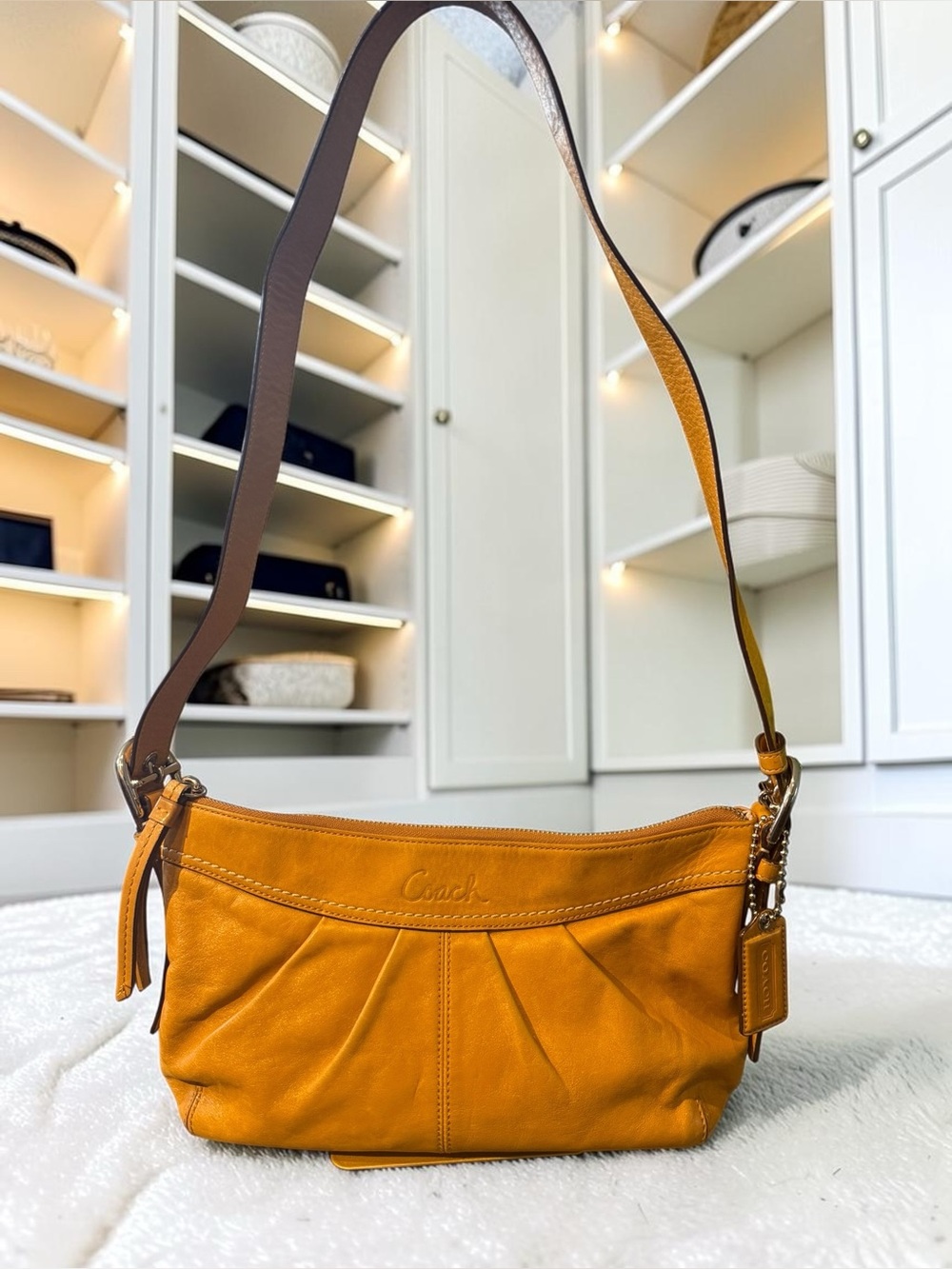 Coach Mustard Leather Shoulder Bag with Brown Strap